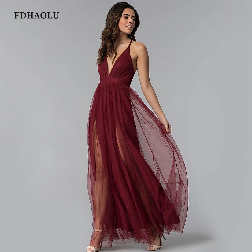 

AE84 Burgundy Long Evening Dress Deep V neck Sexy Vestido De Fiesta De Noche high split fork Prom Dress A-line Tulle Dress