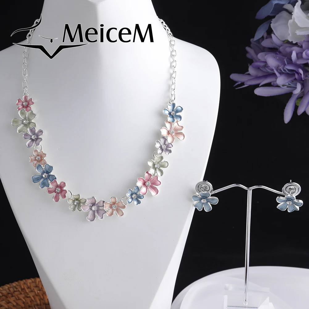 MeiceM Women 2022 Enamel Necklace Party Women\'s Trendy Zinc Alloy Flower Choker Chain Statement Necklaces Silver Color Jewelry