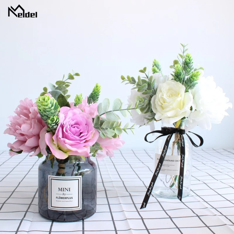 Meldel 1 Bouquet Artificial Peony Rose Flowers Silk Fake Flore Wedding Decor Flower DIY Home Garden Party Decoration Faux Flower