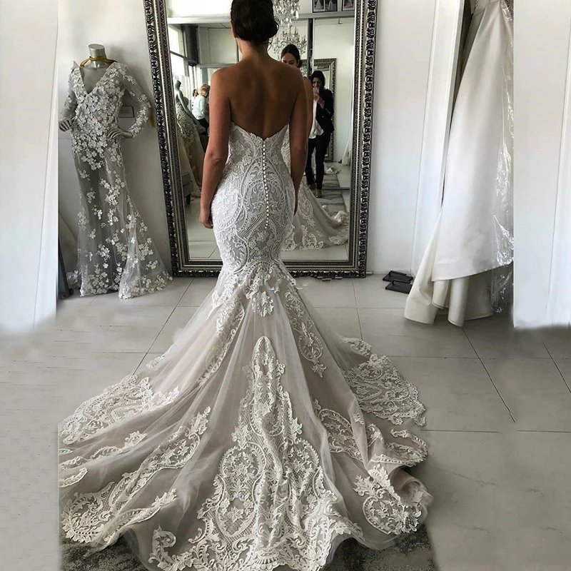 2023 Latest Elegant Mermaid Bridal Wedding Gowns Lace Sleeveless Sweetheart  Dresses Open Back Appliqued Bride 