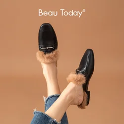 BeauToday Fur Shoes Women Calfskin Mules Rabbit Hair Metal Decoration Square Toe Outdoor Ladies Flats Handmade 37020