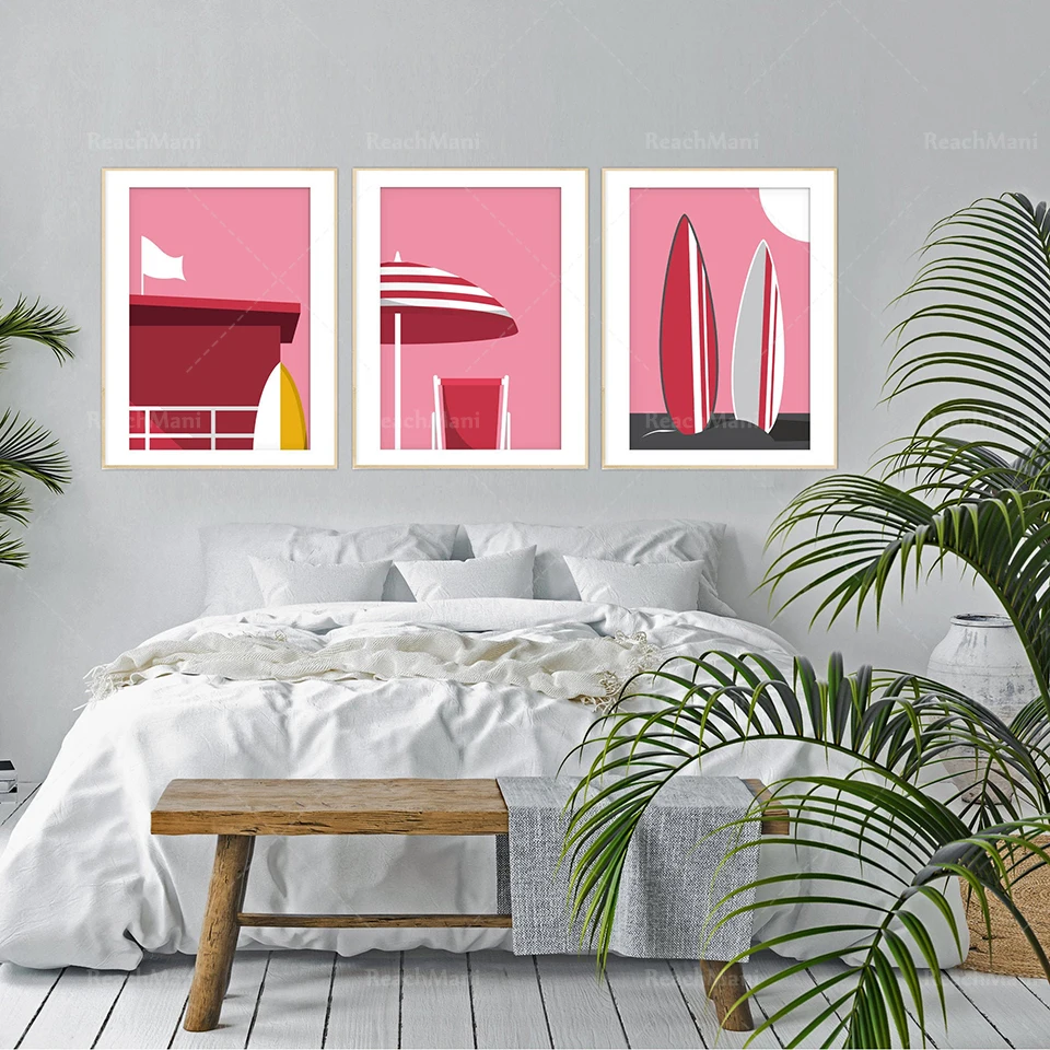 Pink White Surf Umbrella Sun, Beach Vacation Vintage Summer Wall Art, Boho Minimalist Poster Set of 3, Tropical Adventure, Gift