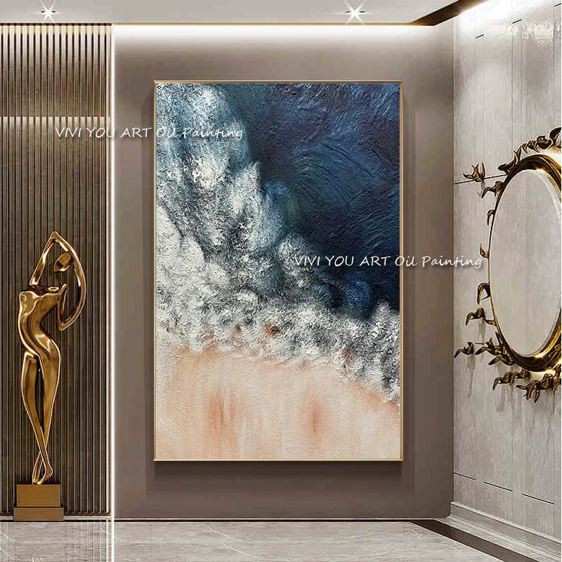 High Quality  Abstract 100% Handmade Blue Pink Ocean Oil Painting Canvas Large Size Painted Home Decoration Artwork As A Gift