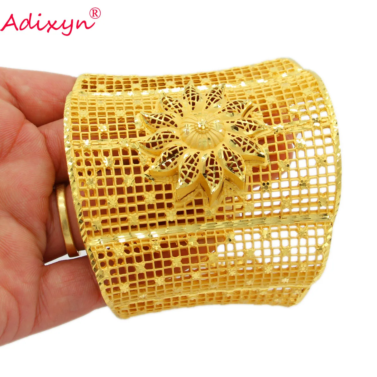 Adixyn Luxury Mesh Plus Size Bangles for Women 24k Gold Color Bracelet Jewelry African Arab Bridal Wedding Gifts N01065