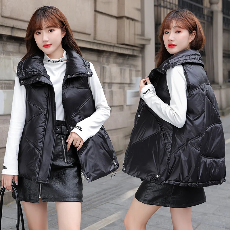 2023 Autumn Winter Women Vest Jacket Loose Korean Style Waistcoat Shiny Down Cotton Vest Female Short Warm Student Parkas Coats