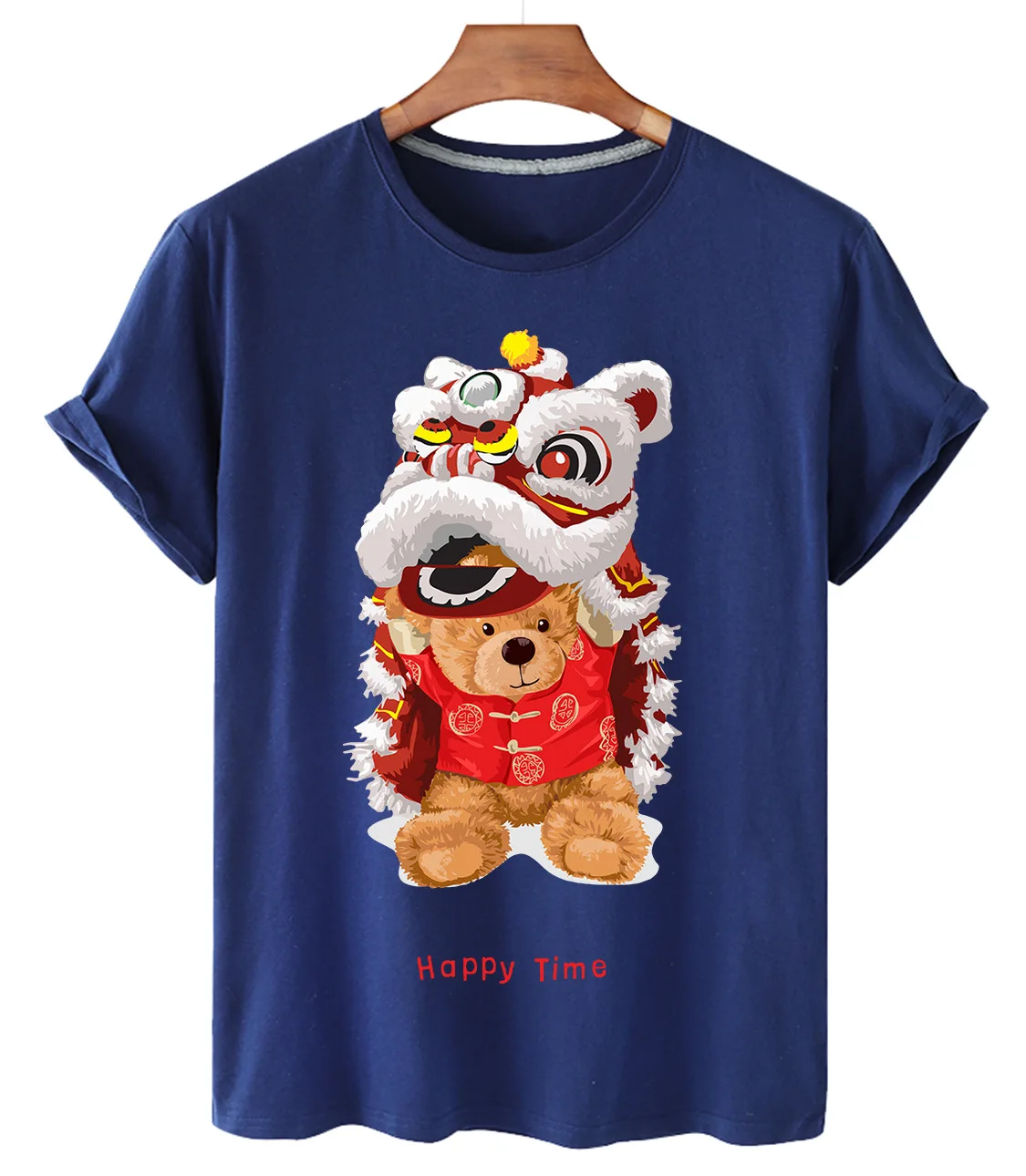 Pure Cotton Chinese Dragon Dance Bear Print Short-sleeved O-neck Loose Casual Top T-shirt Female Oversized T-shirt Couple S-3XL