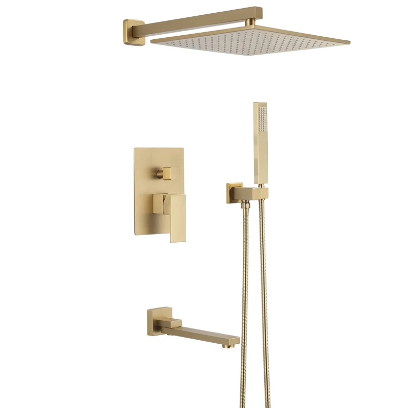 

Набор смесителей для душа в ванной комнате Настенный набор смесителей для ванны с дождевой водой Щетка золото/золото латунь Квадратный стиль с дождевой водой на стене