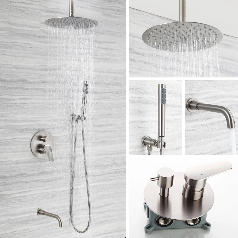 Rainfall Shower Sets 304 Stainless Steel Concealed Shower Set Nickel Color Into Wall Mixer Tap Shower Faucet