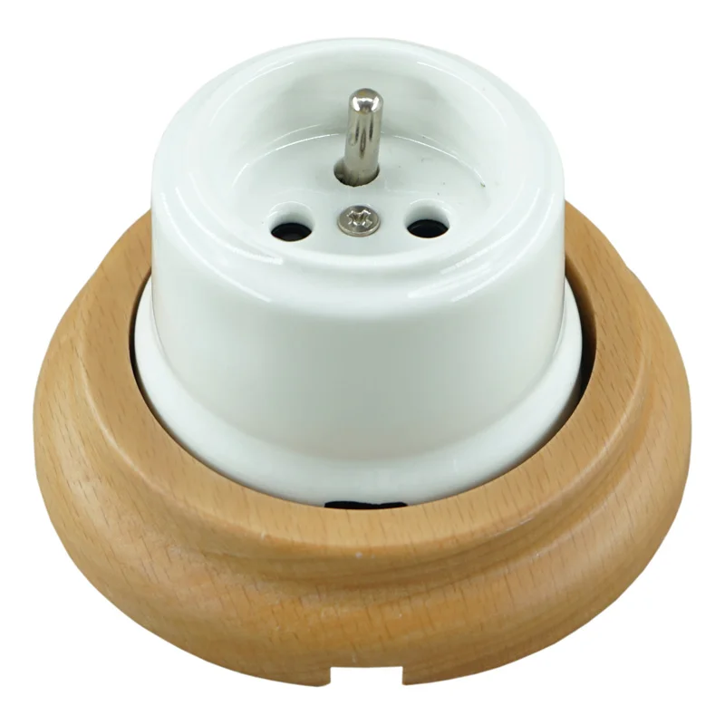 French Retro Porcelain Wall Socket With Wooden Frame Ceramic Socket Outlet, 240V,16A