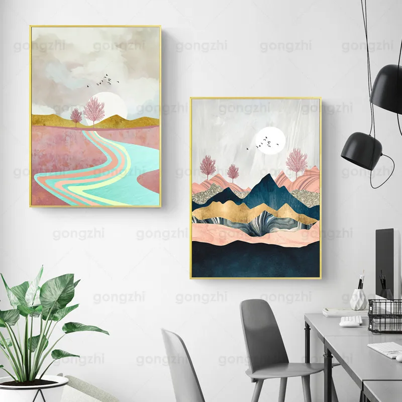 

Abstract Nordic Landscape Wall Painting Mountain Peak Sunset River Birds Luxury Home Frameless Canvas Printing Decorative Poster