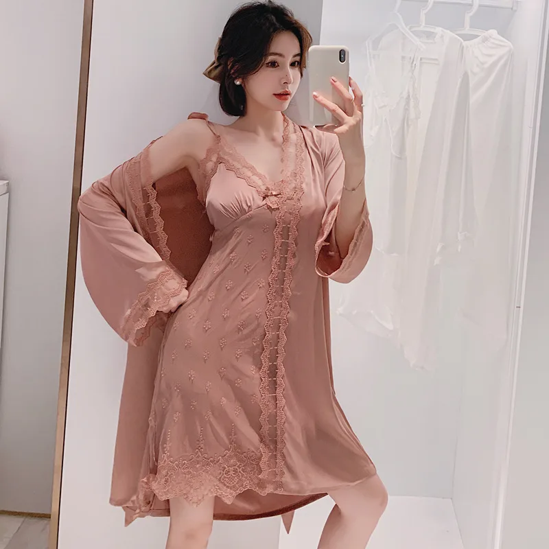 Silk Nightgown Set Women 2pcs Robe Suit Spring Sleepwear Pajamas Sexy Nightwear Sleep Kimono Gown Palace Lace Princess Bathrobe