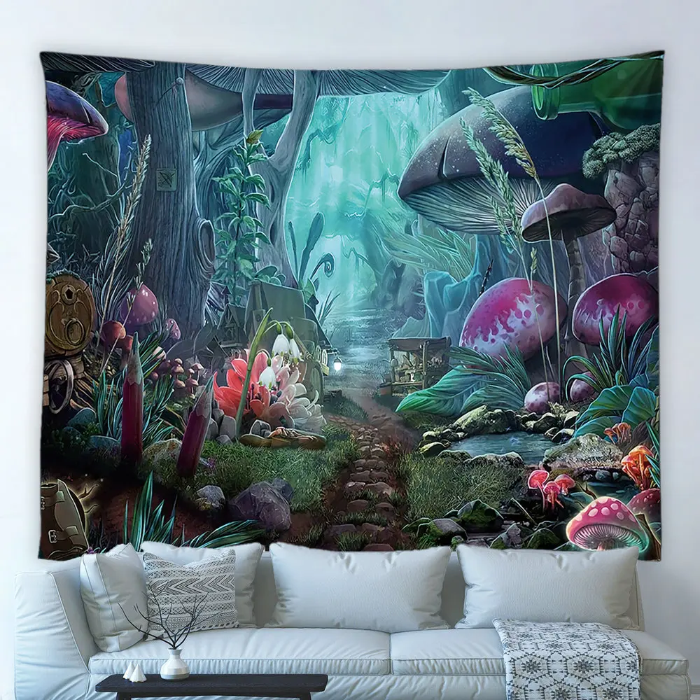 Psychedelic Tapestry Fairytale Forest Mushroom Plant Flowers Cartoon Hippie Wall Hanging Child Bedroom Decor Blanket Tablecloth