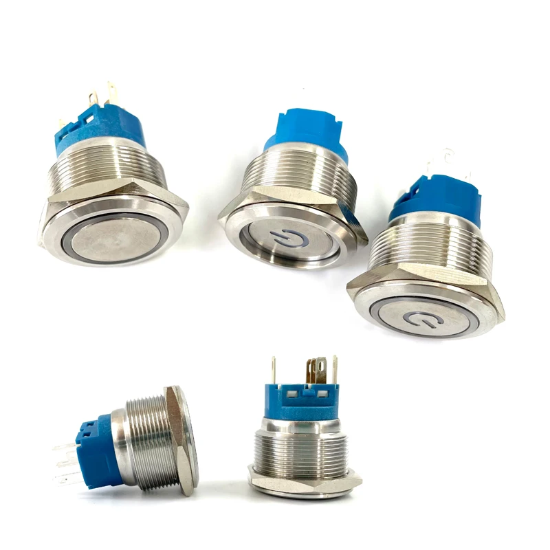 25mm/30mm/40mm stainless steel metal button switch round flat led ring instantaneous power mark car switch 12V 24V yellow blue