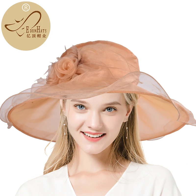 

Ladies Elegant Organza Hats with Feathers & Brooch Sun hat Floral Hat Wide BrimS10-3851