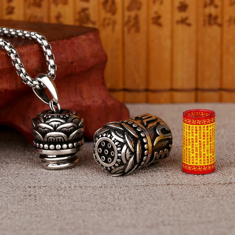 Vintage Buddhism Six Word Truth Amulet Pendant Necklace for Men Women Good Lucky Jewelry Shurangama Mantra Lotus Necklace Gifts