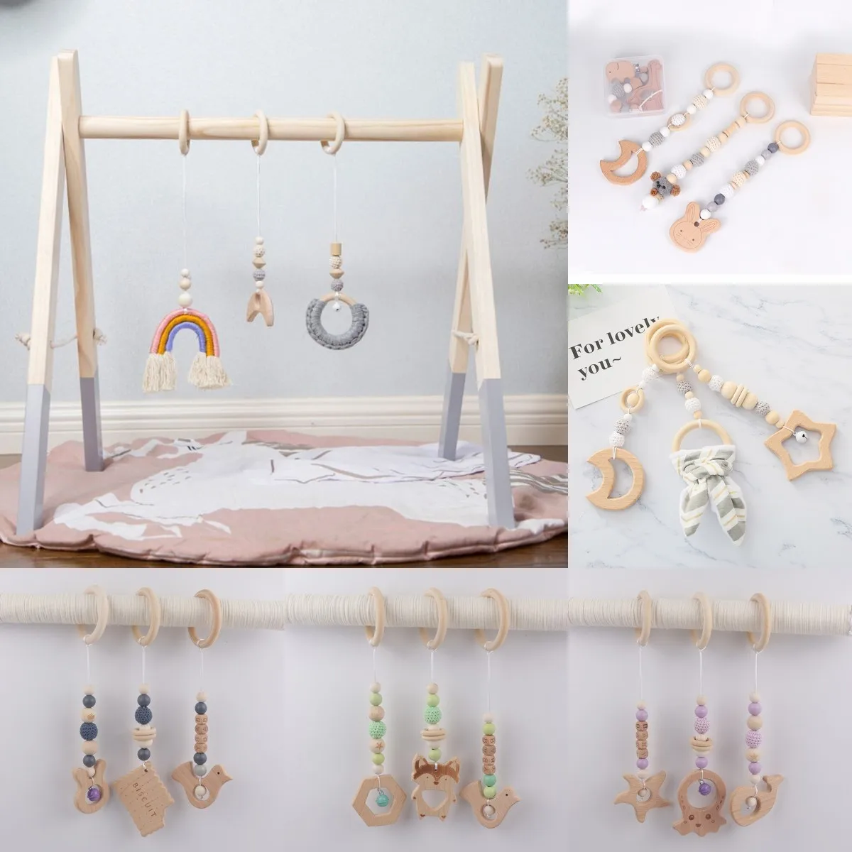 Baby Play Gym Frame Wooden Beech Activity Gym Frame Stroller Hanging Pendants Toys Teether Ring Nursing Rattle Toys Room Decor