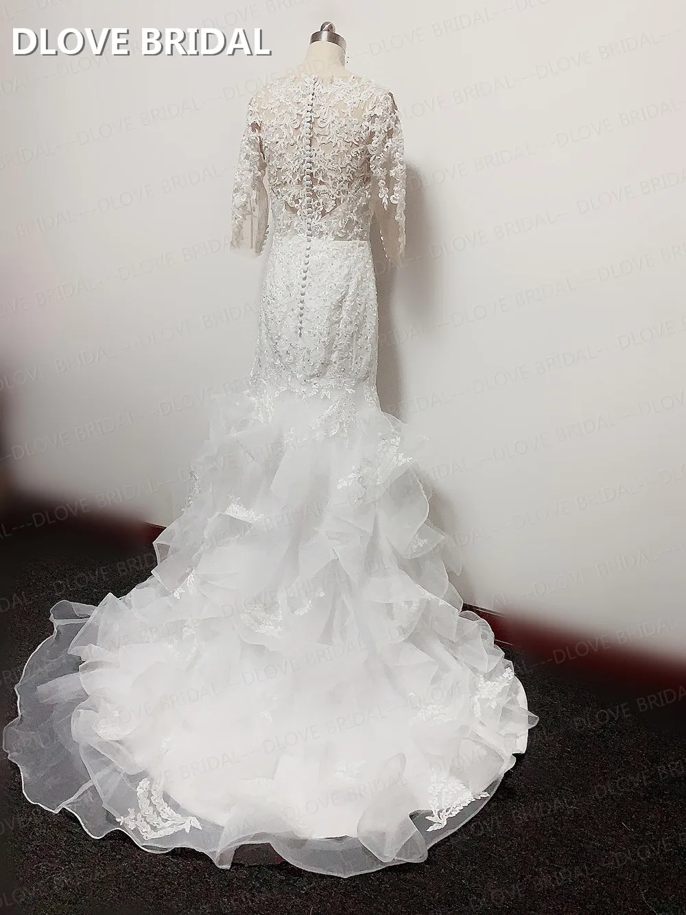 Robe De mariée sirène à volants, manches mi-longues, col en V, boutons au dos, Photos réelles