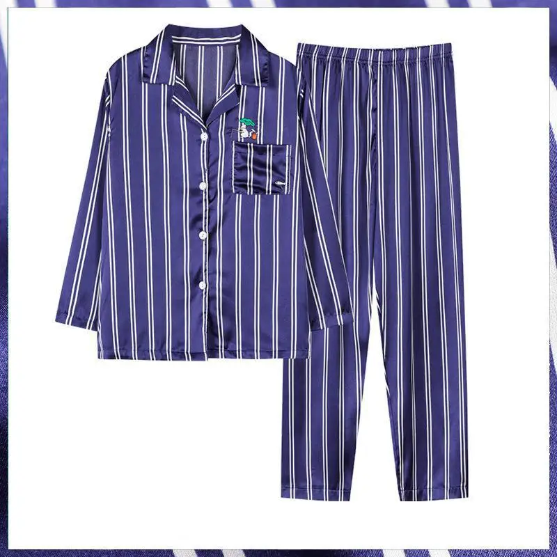 Striped Pajamas Suit Nightgown Rayon Sleepwear Nightwear Women&Men Sleep Set Couple 2PCS Tops&Pants Lovers Lingerie Pyjamas