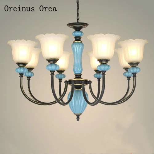 

New American Rural ceramic chandelier living room dining room bedroom European Retro Blue Glass Chandelier