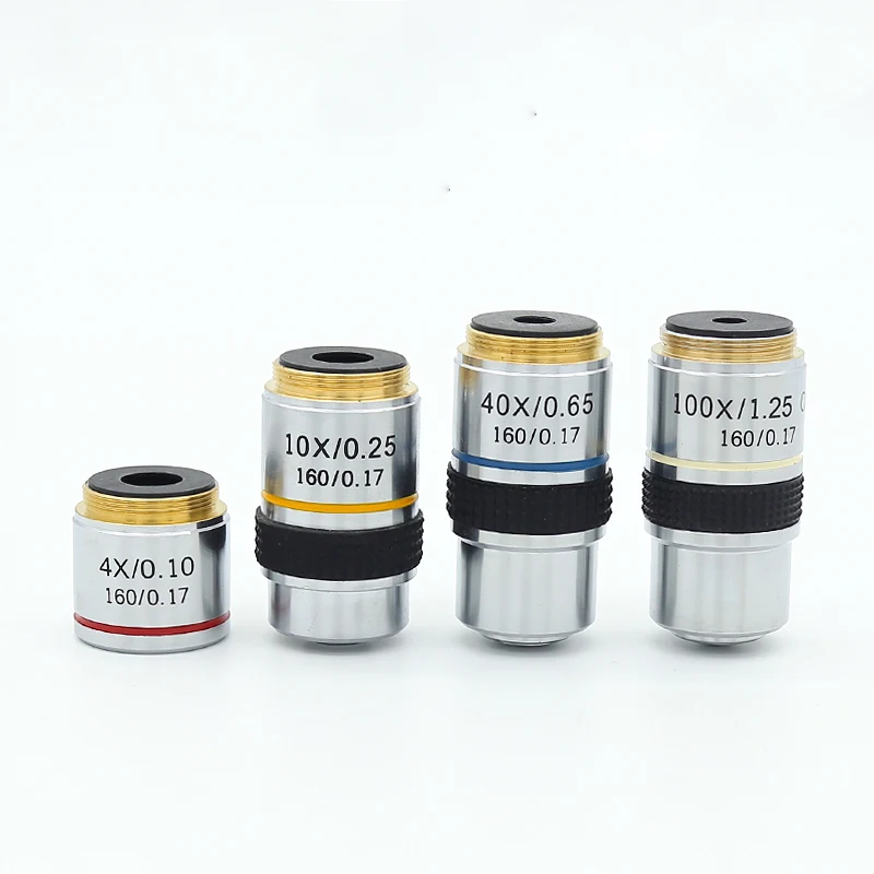 Objetivo de microscopio de alta calidad 4X 10X 40X 100X, accesorios de lentes objetivos acromáticos