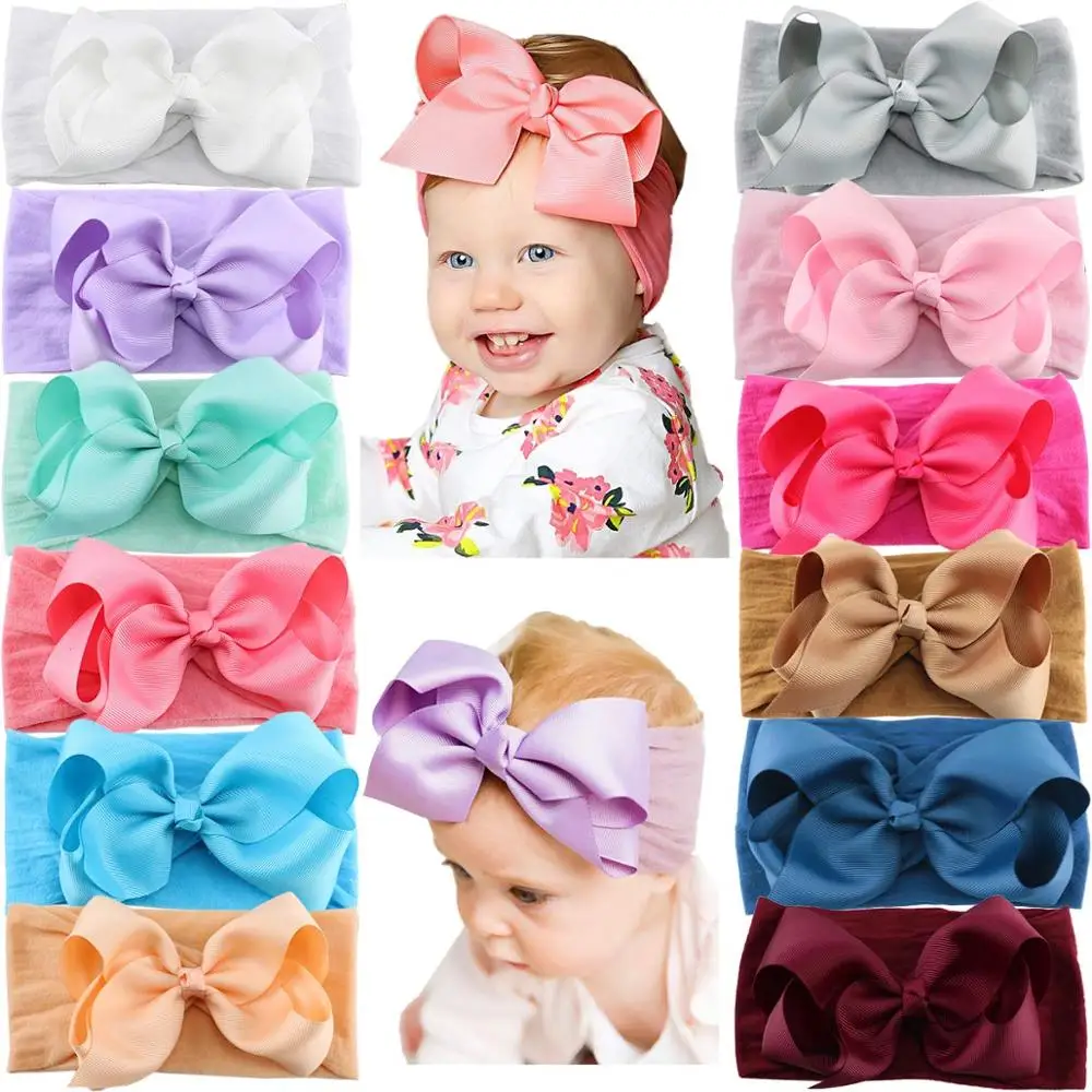 12PCS Baby Girls Grosgrain Ribbon Hair Bows Headbands 5Inch Bow Knotted Soft Nylon Hairbands Girls Turban Head Wrap for Infants