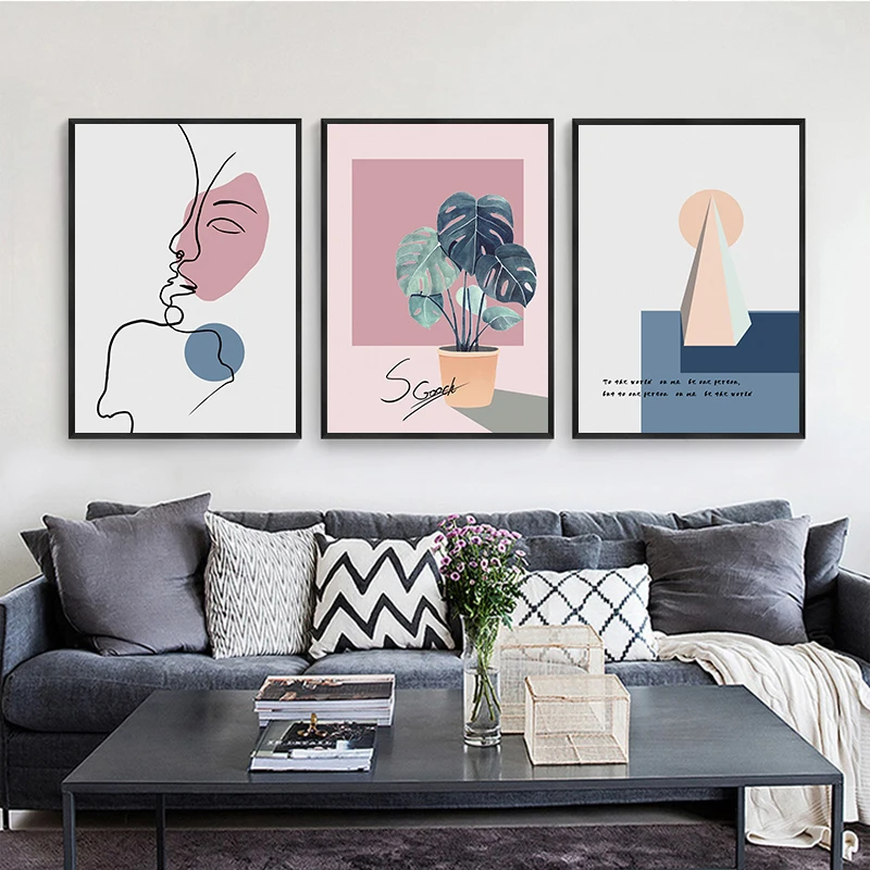 Nordic Line Gesicht und grüne Pflanze Minimalismus Poster und Druck Dekoration Malerei Wohnzimmer Home Dekoration rahmenlos