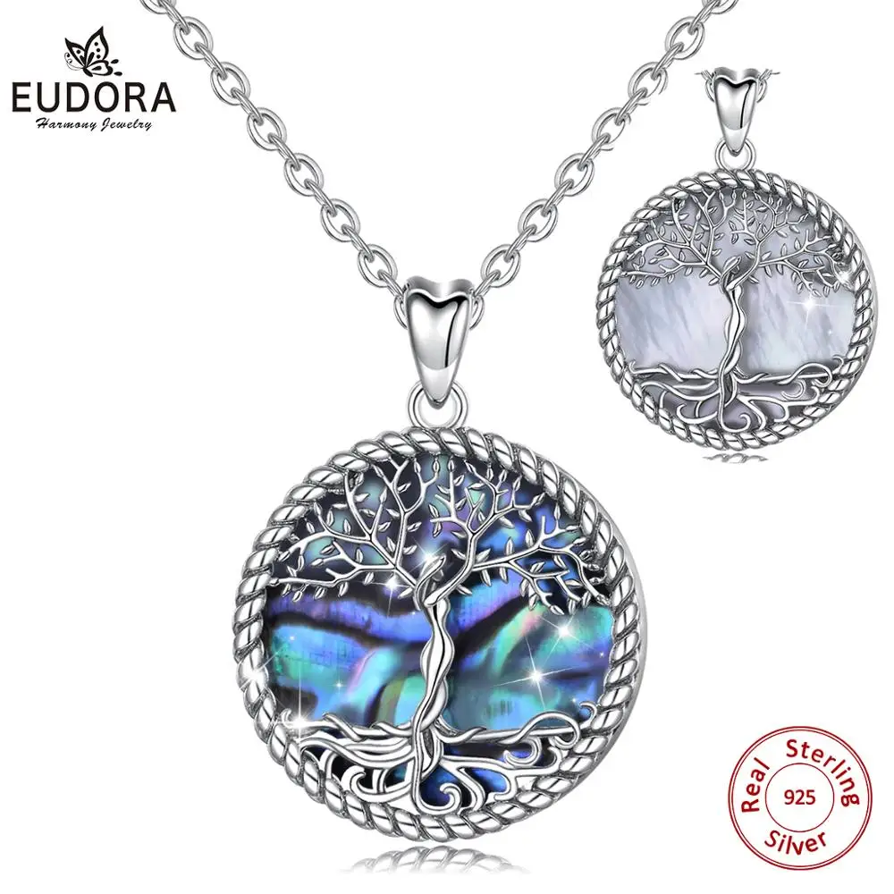 EUDORA 925 Sterling Silver Tree of Life Pendant Tree Leaf & Goddess Mother of Pearl Necklace Vintage Jewelry with Box D475MB