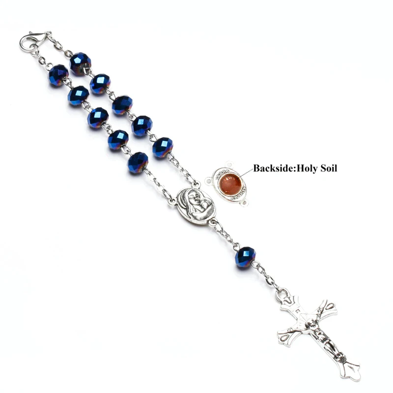 QIGO Blue Crystal Rosary Bracelet Cross Women Catholic Jewelry Gifts