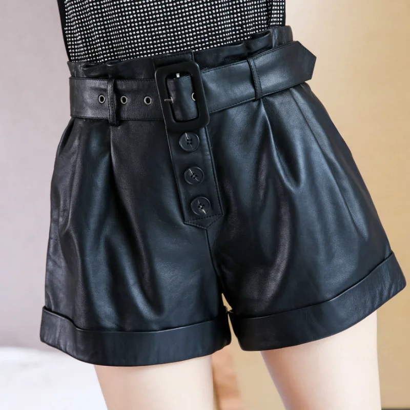 

Khaki Ladies High Waist Casual Shorts Street Sheepskin Natural Leather Wide Leg Shorts Autumn Winter New Outdoor A-Line Shorts