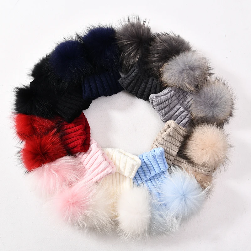 Winter Baby Knit Hat With Two Fur Pompoms Boy Girls Natural Fur Ball Beanie Kids Caps Double Real Fur Pom Pom Hat for Children