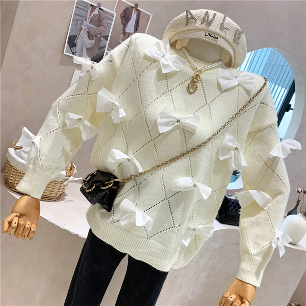 High Quality Designer Women Knitted Pullovers  Loose Winter 3D Bow Diamonds Thick Warm Knitted Sweater Femme