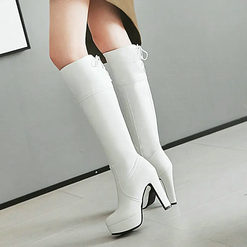 Fashion Women Knee High Boots Platform Square High Heel Women Boots Cross Tied Autumn Winter Ladies Shoes Black White Beige