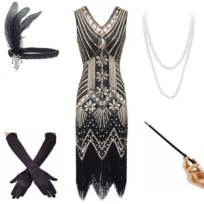 Imagem -05 - Vintager Plus Tamanho S1920s Gastby Allover Lantejoulas Malha Arte Nouveau Embelezado Franjas Flapper Vestido com 20s Acessórios Conjunto