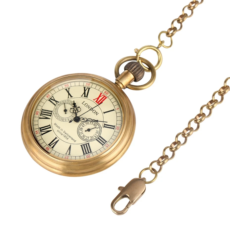 Reloj de bolsillo mecánico para hombre, pulsera de mano con 5 manos, cadena de 30cm, estilo antiguo de Londres, 185