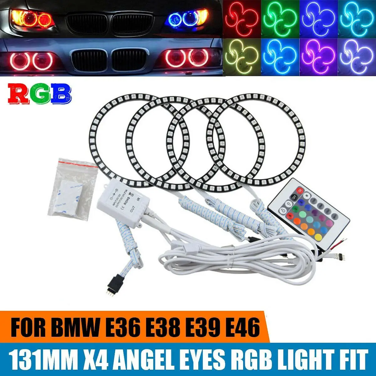 4X 131MM RGB Multi-Color LED Angel Eye Halo Rings For BMW E36 E38 E39 E46 3 5 7 Series Headlights