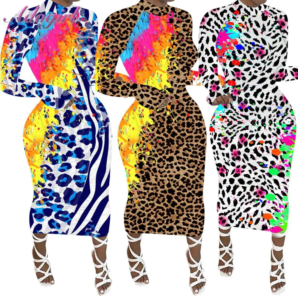 

Women Graffiti Leopard Print Long Sleeve Bandage Bodycon Ankle Length Dress Sexy Evening Party Club Long Dresses Causal Vestidos