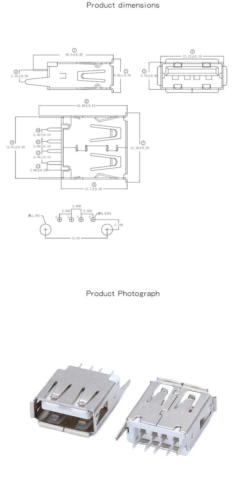 20pcs USB-A type interface AF/vertical 180 degree plug-in board with straight feet white glue with edge A female socket