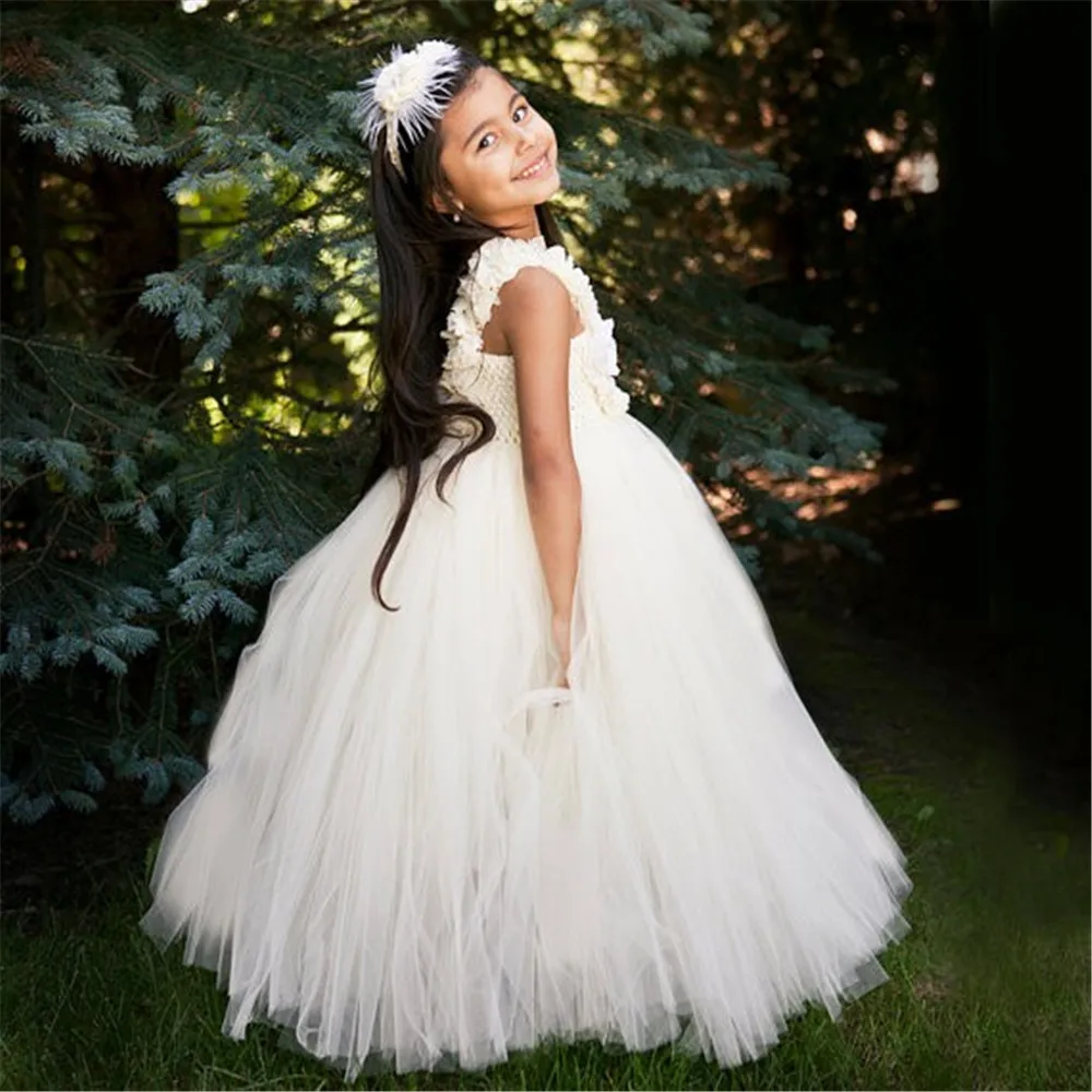 Girls Ivory Flower Tutu Dress Kids Crochet Long Tulle Dress Ball Gown with Feather Hairbow Children Wedding Party Costume Dress