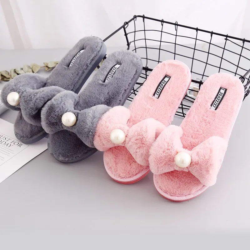 Pearl Fall and Winter Home Women Slippers Candy Outdoor Wool Ladies Flat Slippers Female Open-toed Slippers