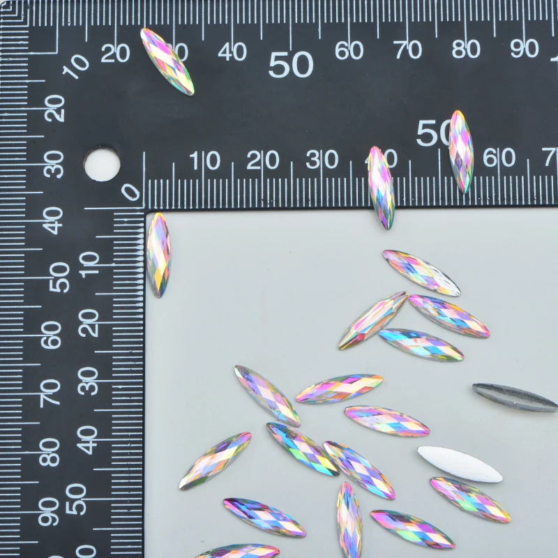 JUNAO 100pcs 4x15mm Crystal AB Resin Horse Eye Flatback Rhinestones Glue on Glitter Crystal Strass Scrapbook Beads for Garments