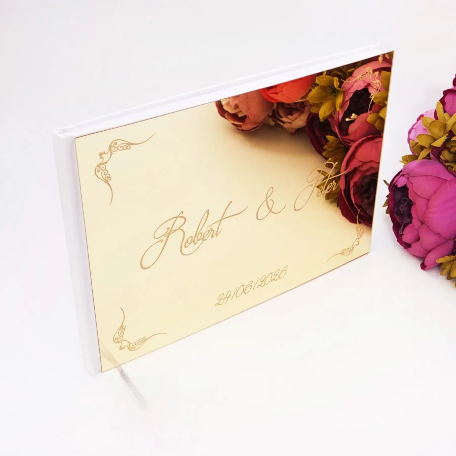 

25*18cm Custom Couple Name Wedding Signature Guest Book Classical Design Acrylic Mirror Cover Personalized Blank Party Gift