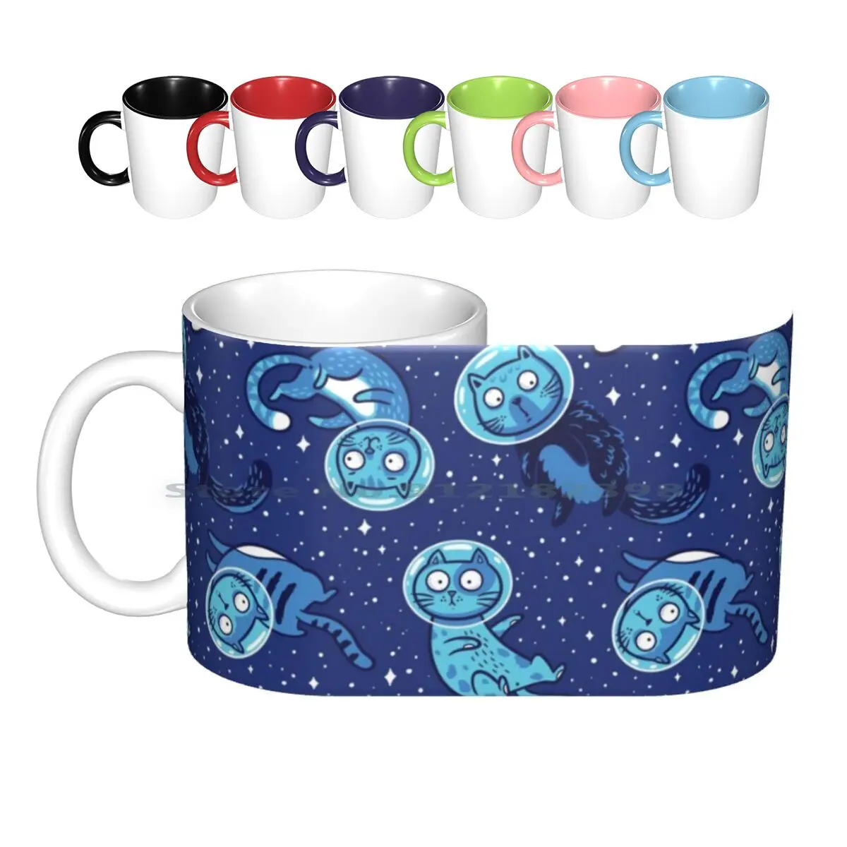 Galaxy Cats Ceramic Mugs Coffee Cups Milk Tea Mug Astronaut Cat Vector Seamless Pattern Galaxy Animal Astronomy Blue Cartoon