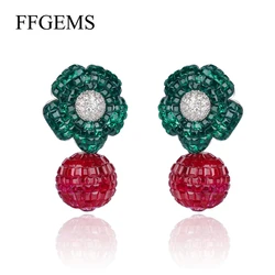 FFGems New Design 925 Silver Drop Big Earring Flower Created Nano Ruby Emerald Invisible Fine Jewelry Women Wedding Party Gift