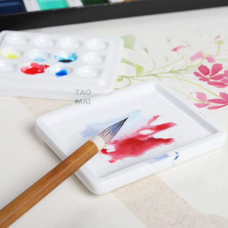 Ceramic Mini Moisturizing Palette with Lid 12-hole Grid Watercolor Paint Palette Handmade White Porcelain Art Painting Tools