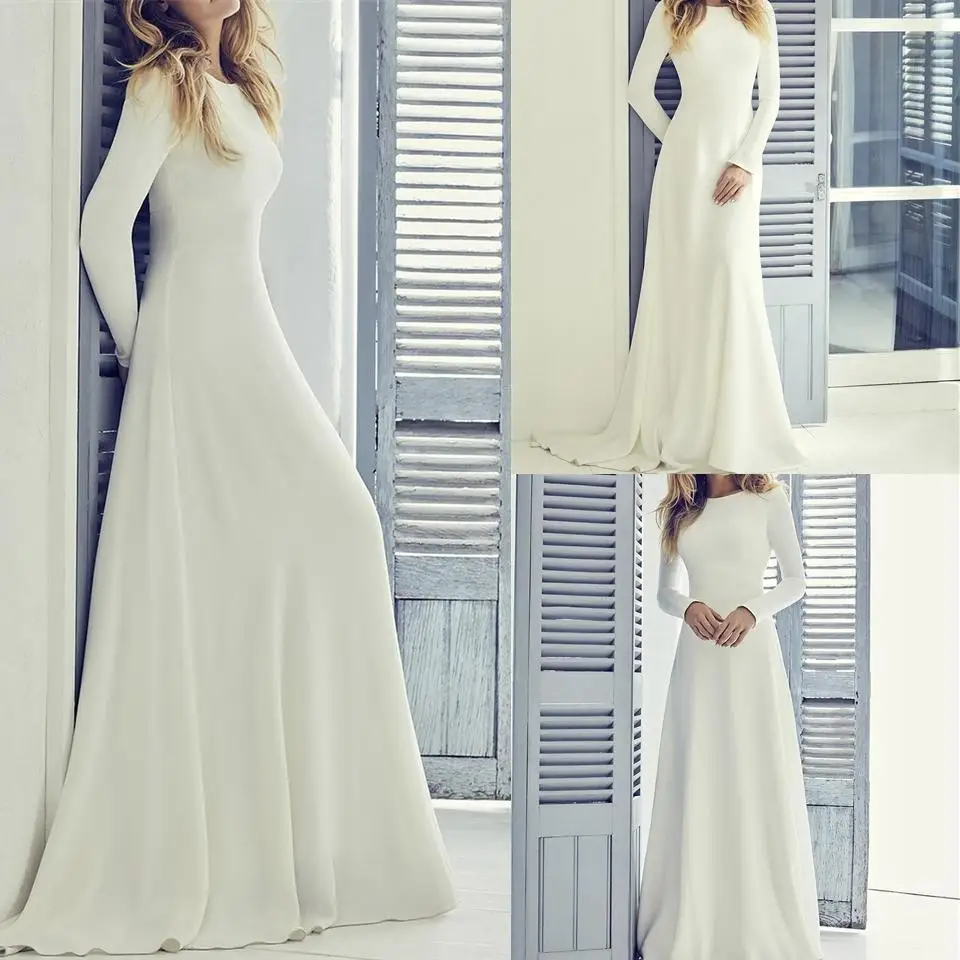 Long Modest Wedding Dress With Long Sleeves Jewel Neck Coverd Back Short Train Women Informal Modest Bridal Gown Wed Dress