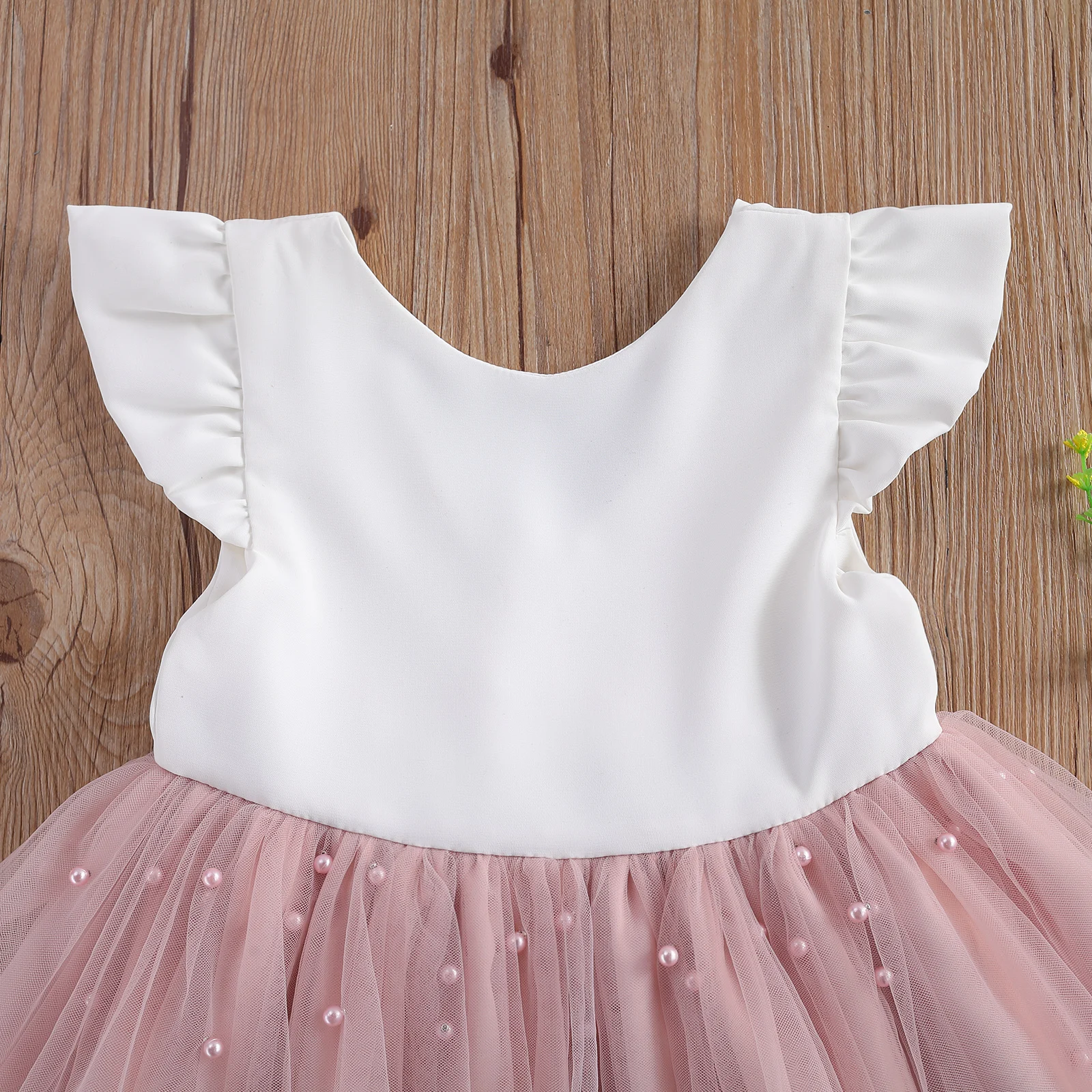 0-5Y Summer Princess Infant Baby Girls Dress Ruffles Sleeve Solid Pearl Lace Patchwork Back Bowknot Tutu Dress