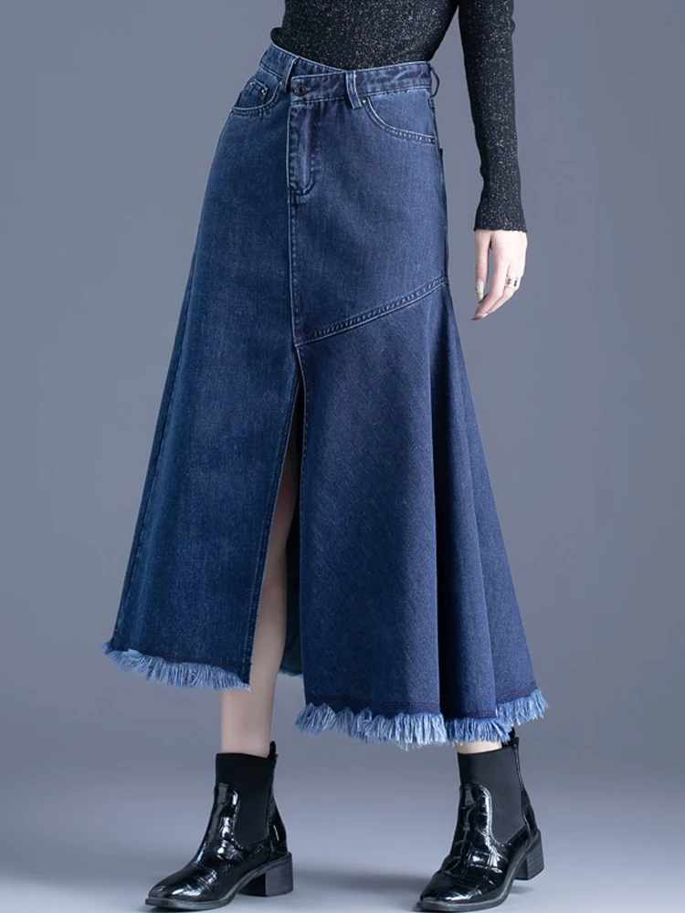 

TIYIHAILEY Free Shipping 2021 New Fashion High Waist XS-3XL Long Mid-Calf A-line Slit Skirts Women Denim Blue Tassels Black