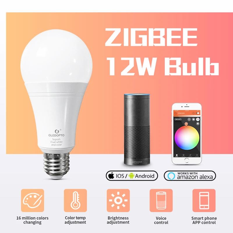 

Zigbee Bulb E27 3.0 ZLL LED 12W RGB+CCT LED Bulb Work with Echo Plus Alexa SmartThings APP/Voice Control