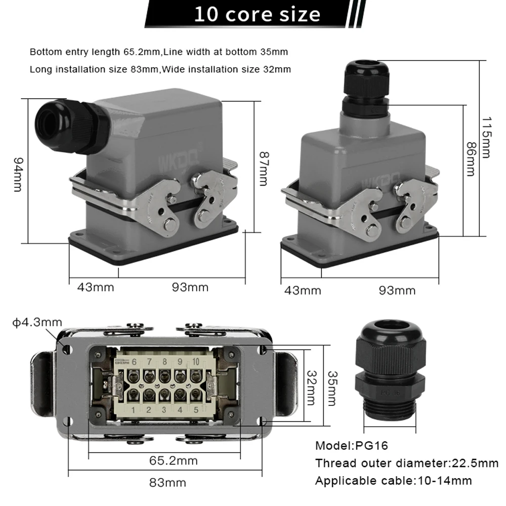 Heavy Duty Power Connectors HDC HE 10 Inserts 500V 16A Contact Screw Crimp Industrial Rectangular Hood Top/Side Entry HDC-HE-010