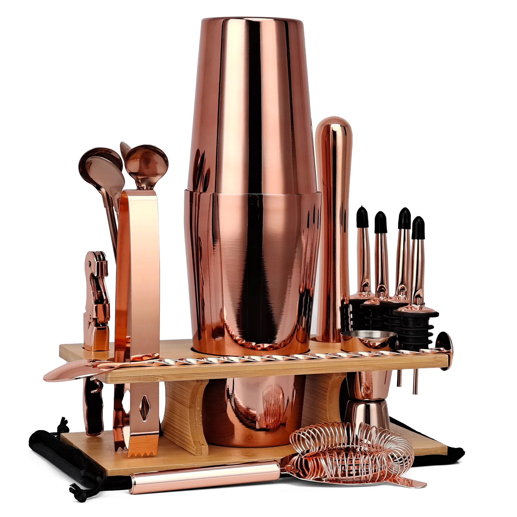 

Bartender Kit,17-Piece Rose Gold Cocktail Shaker Set With Bamboo Stand,For Mixed Drinks Martini Home Bar Tools Perfect Gift